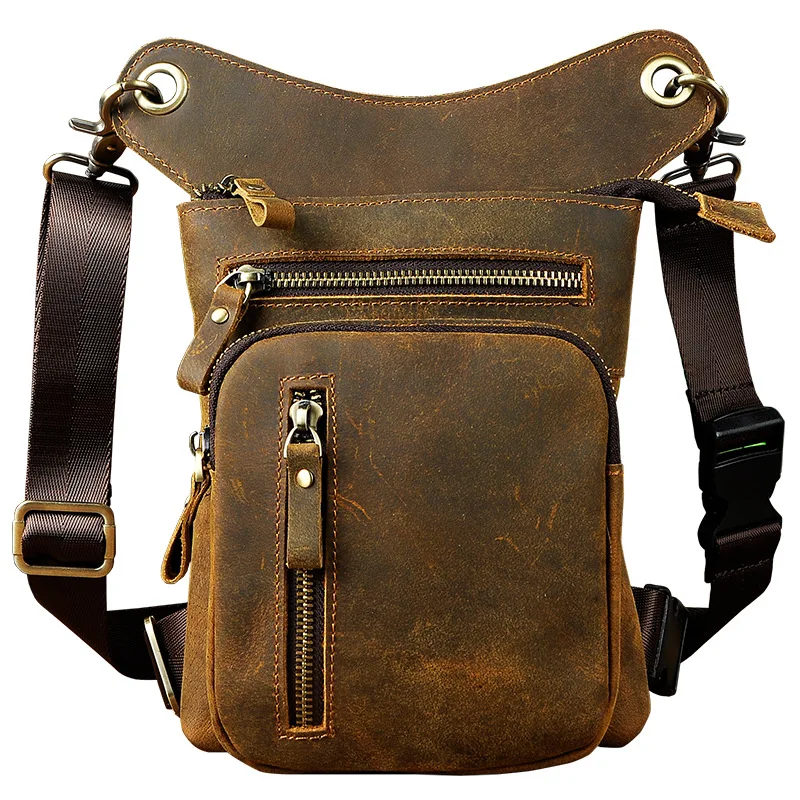 Original Men's Faux Leather Waist Bag Vintage Style Motorcycle Bag Top Layer Cowhide Trendy Bag Casual Pure Color Zipper Closure