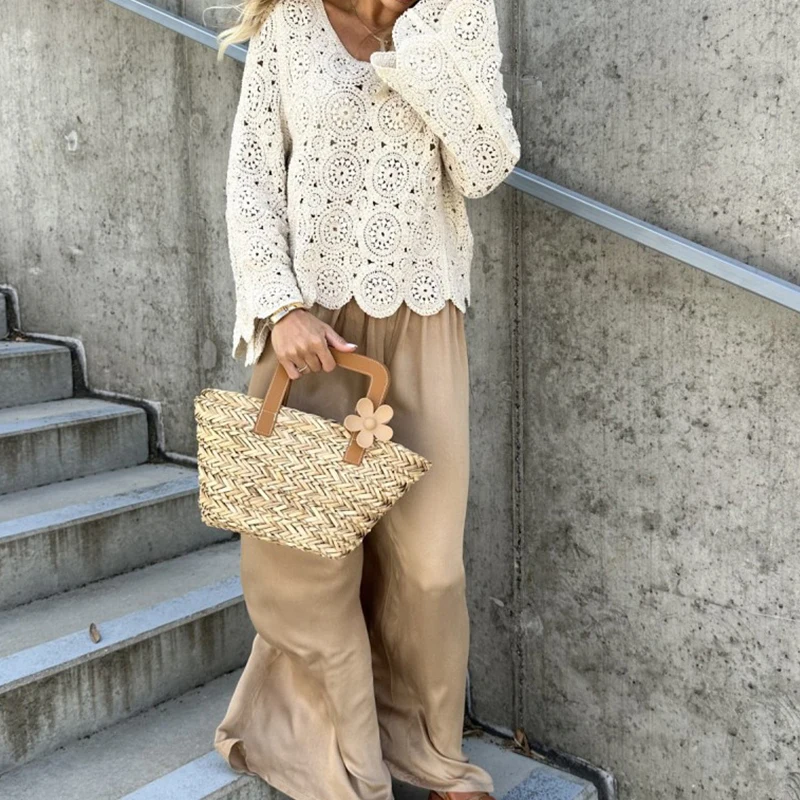 

New Boho Style Crochet Hollow Out Blouse Women Elegant O Neck Jacquard Knitted Top Pullover Autumn Long Sleeve Loose Shirt Mujer
