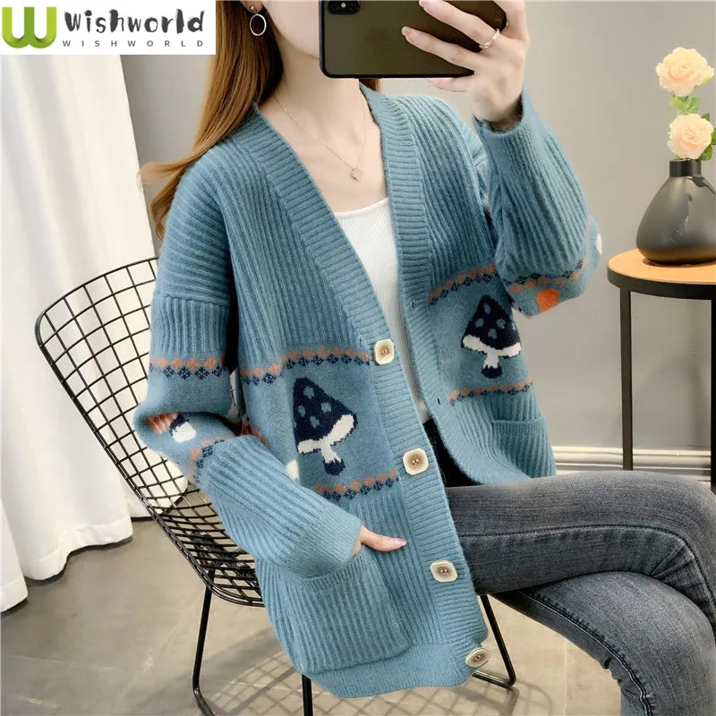 2023 New Lazy Style Women\'s Simple Embroidered Coat Loose Reducing Age Knitted Cardigan Spring and Autumn Button Long Sleeve Top