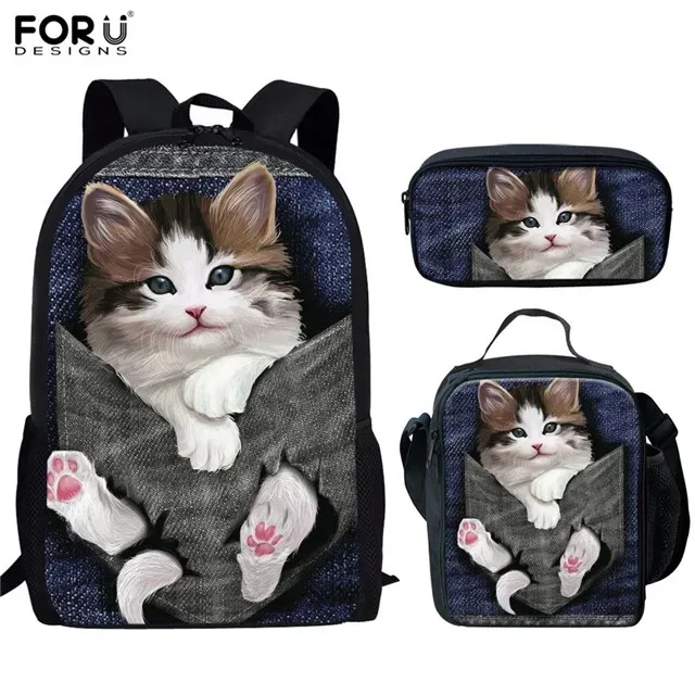 Student School Backpacks with 3D Cat Pattern, Laptop Backpack or Backpack, Lunch Bag, Pencil Case, Popular Harajuku, New, 3PCs