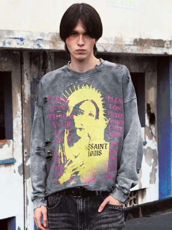

Sssaint Louis American Letter Graffiti Worn out Long Sleeve Hoodie Unisex Trendy Cotton Crew Neck Sweatshirt for Youth