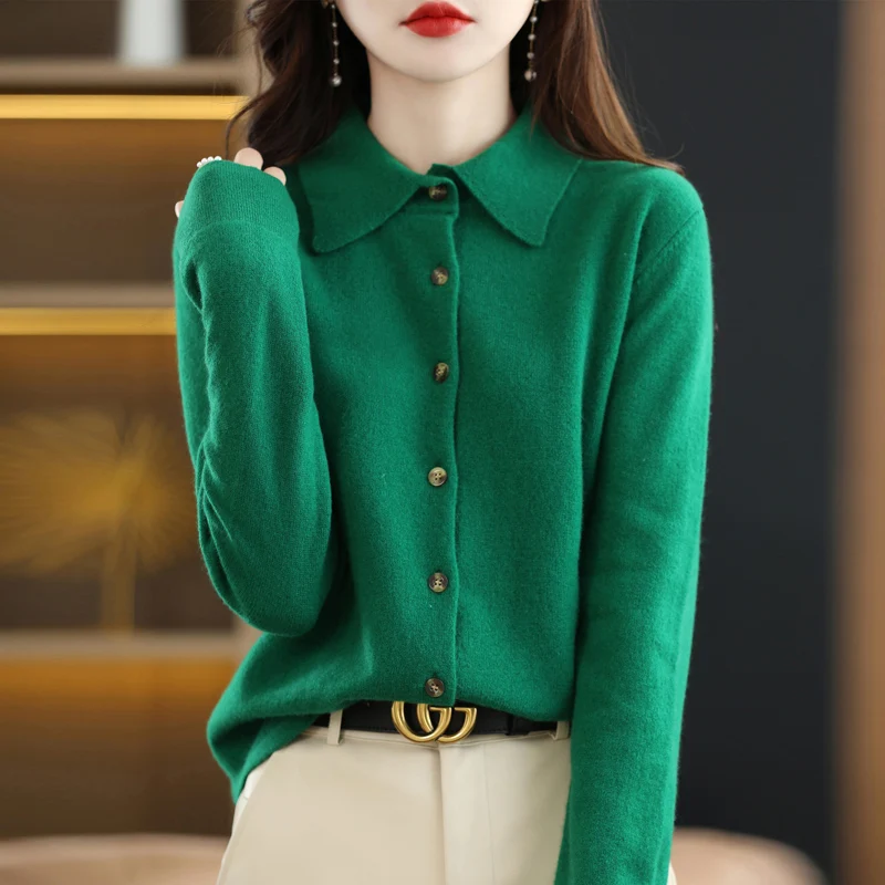 Cárdigan de punto de lana para mujer, chaqueta suelta y delicada con cuello tipo PoLo, camisa con botones de Color sólido, diseño elegante francés