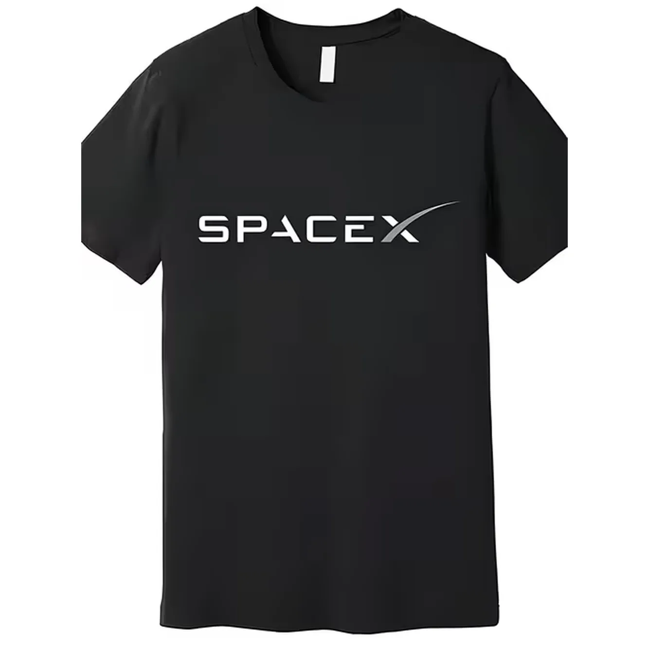 Black Short Sleeve T Shirt White Lettering With Silver Accent Curved Design Casual Crew Neck Tee Space Enthusiasts