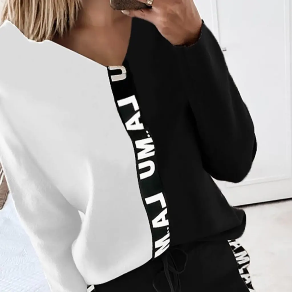 

Women's Casual Suit Long Sleeve T-Shirt And Pencil Pants Set European And American Style Contrast Ribbon Stitching