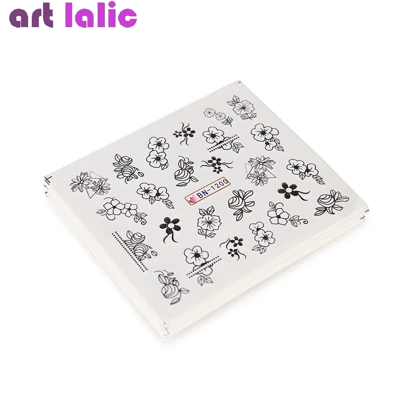 Ensemble d'autocollants mixtes pour ongles, 24 pièces, transfert d'eau, fleur noire, encre colorée, Design d'oiseau, autocollants pour Nail Art, DIY bricolage, pour la décoration