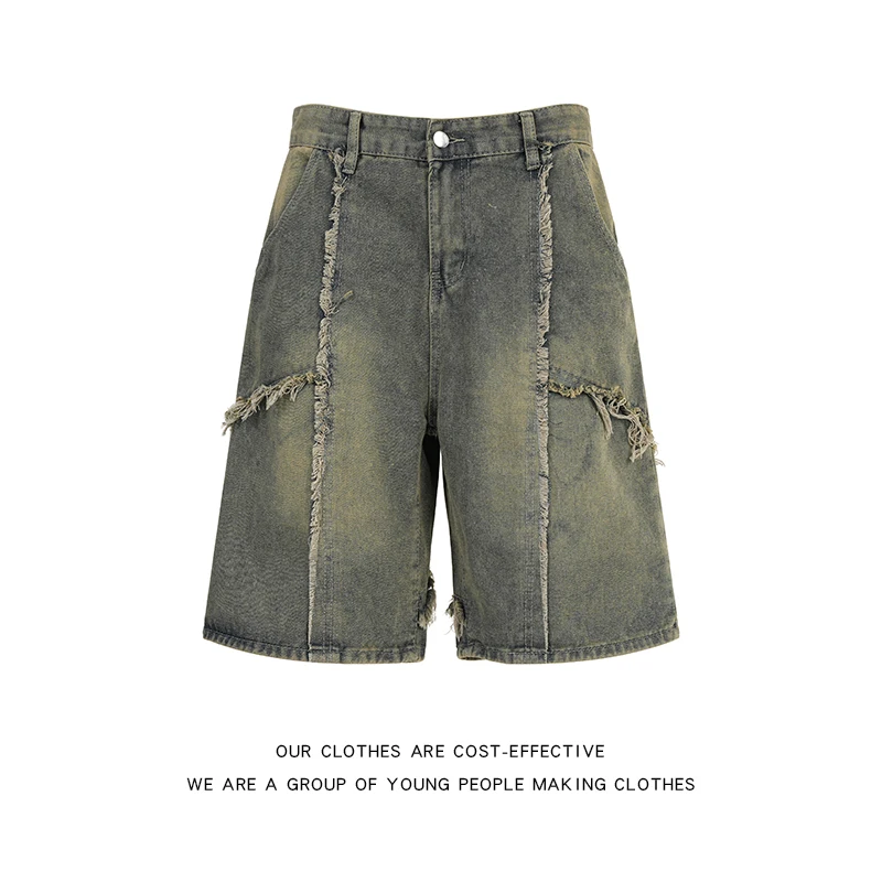 شورت دينم رجالي رائع على الطراز الأمريكي مظهر مهترئ فضفاض بقص مستقيم بخمس دقائق للشباب موضة الصيف