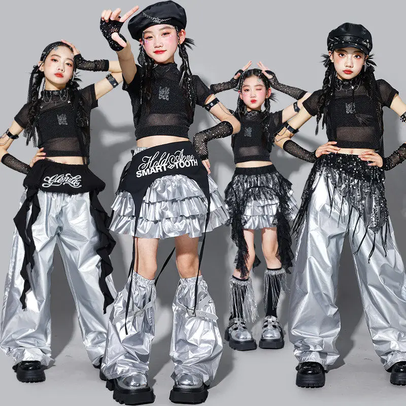 

Детский танцевальный костюм K-pop 2026: джазовый сценический наряд, черно-серебристый комплект для выступлений, укороченный топ, свободные брюки, уличная одежда 3484