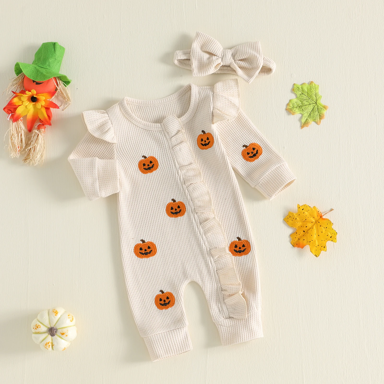Baby Girls Fall Long Sleeve Waffles Romper Pumpkin Oblique Zipper Ruffles Jumpsuit Headband Halloween Costume