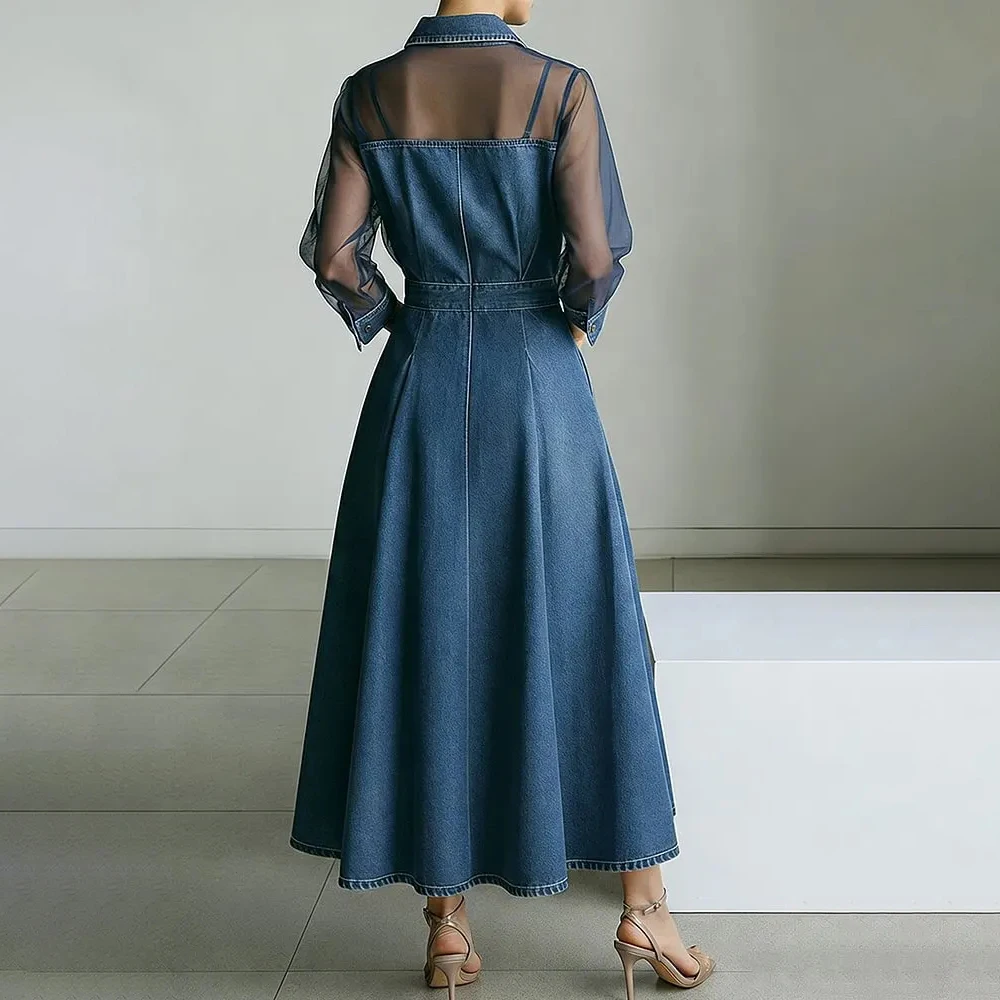 Women’s Denim Mesh Patchwork Midi Dress Lapel Collar Button Sheer Long Sleeve Pocket Chic Female Elegant Streetwear Long Dresses 3 Women's Denim Mesh Patchwork Midi Dress Lapel Collar Button Sheer Long Sleeve Pocket Chic Female Elegant Streetwear Long Dresses 3
