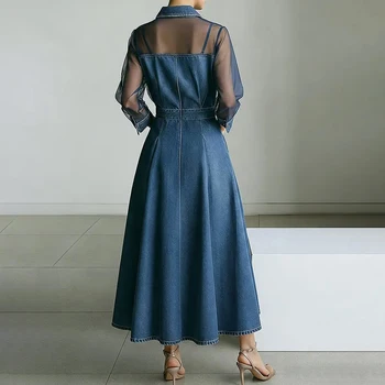 Women's Denim Mesh Patchwork Midi Dress Lapel Collar Button Sheer Long Sleeve Pocket Chic Female Elegant Streetwear Long Dresses 3 Women's Denim Mesh Patchwork Midi Dress Lapel Collar Button Sheer Long Sleeve Pocket Chic Female Elegant Streetwear Long Dresses 3
