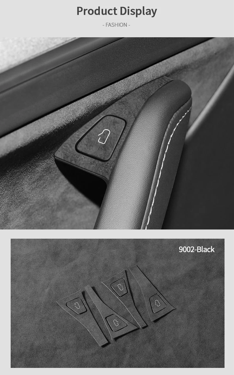 Hochwertige Wildleder-Verkleidung für Tesla Model 3/Model Y (2019-2022), Zierleiste für den Türöffnerknopf, Aufkleber, Tuning-Zubehör für den Fahrzeuginnenraum. – Detail 7