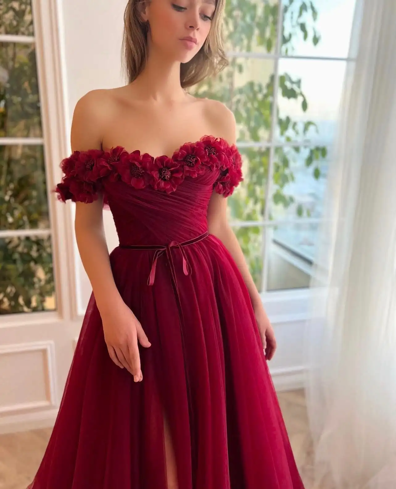 Teens Crimson Cherry Off Shoulder Graduation Dress Long 3d Floral Corset Tulle Homecoming Party Gown For Special Occasions