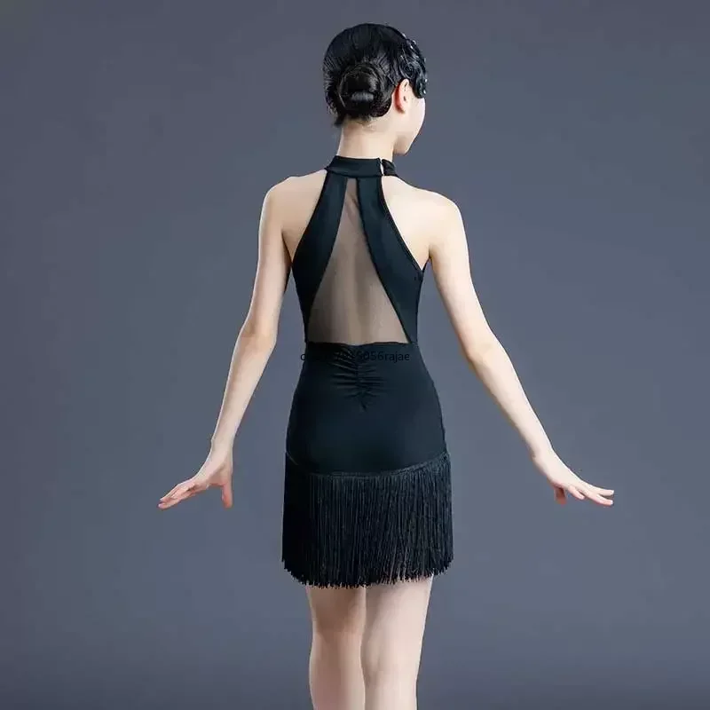 Robe de danse latine noire sexy pour filles, robes de danse de salon de compétition professionnelle, gland plus riche, vêtements de danse de valse Go Cha-cha, enfants