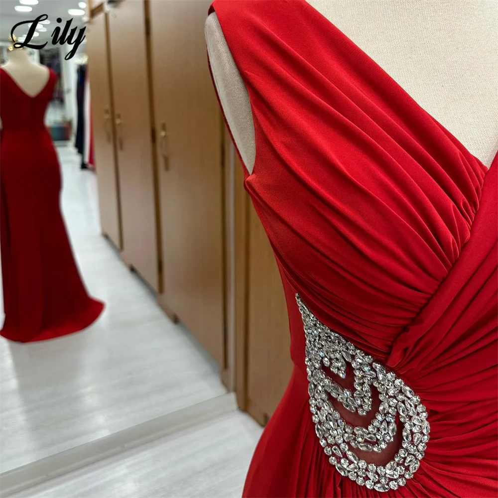 Lily Tank Red Prom Dresses Mermaid Sexy Evening Dress V-Neck Formal Dresses With Pleat Party Dress With Side Slit فستان سهرة