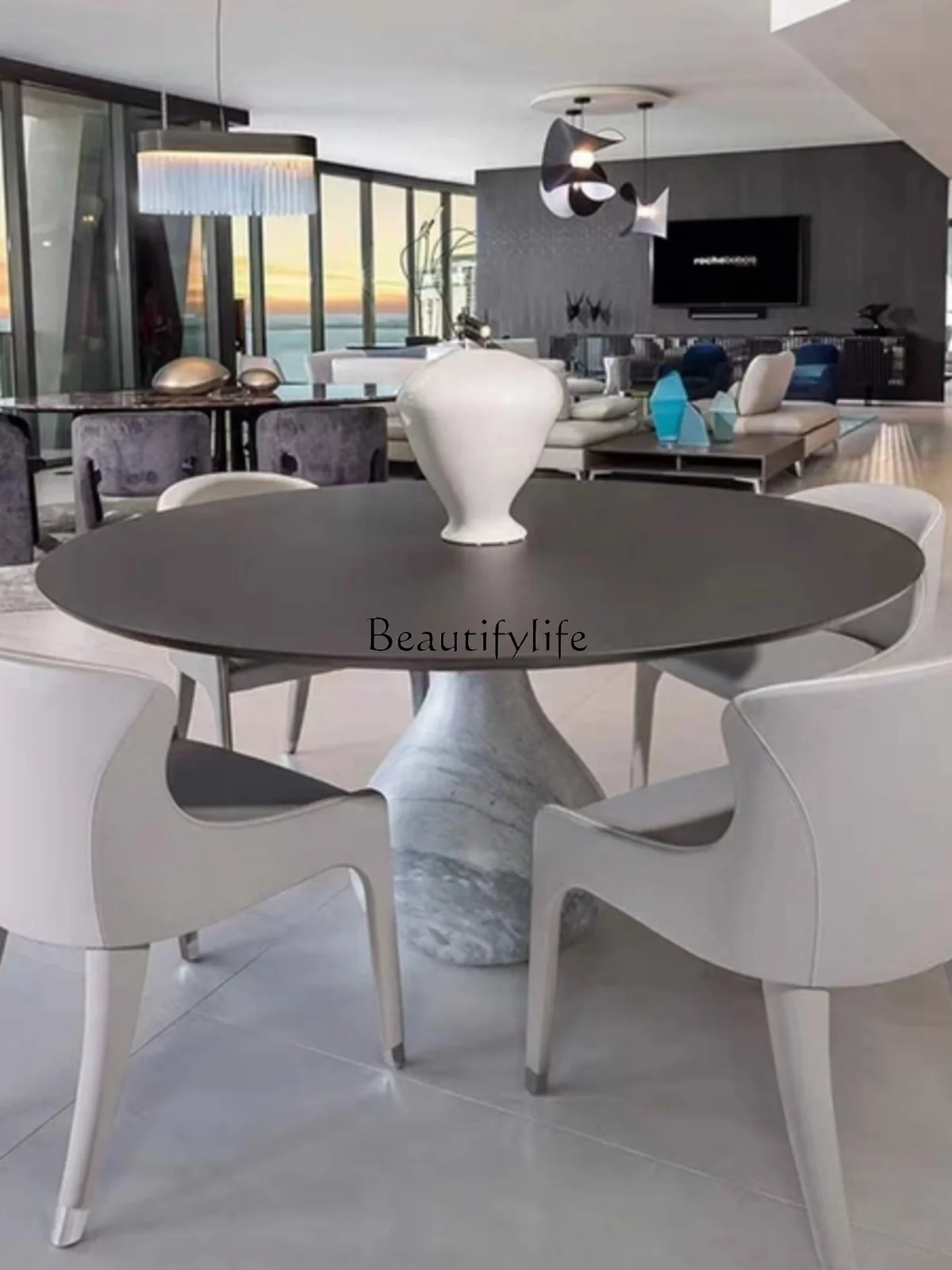 Premium Turntable Dining Table Natural Marble Light Luxury Water Drops round Table 6 People