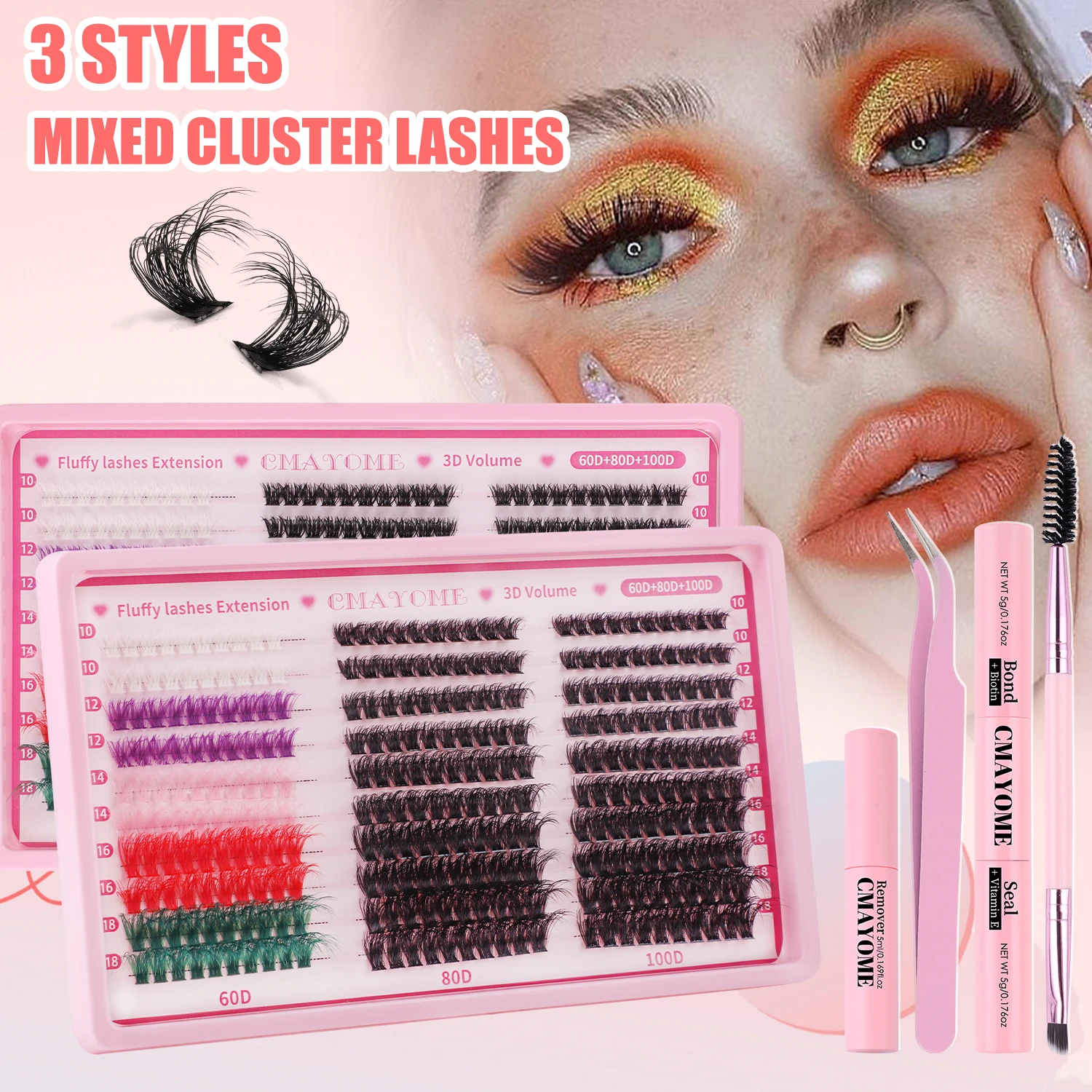 Eyelash Cluster Set Color Halloween 10-18mm Single Cluster False Eyelash 60D+80D+100D Hair Strap Eyelash Adhesive DIY Kit