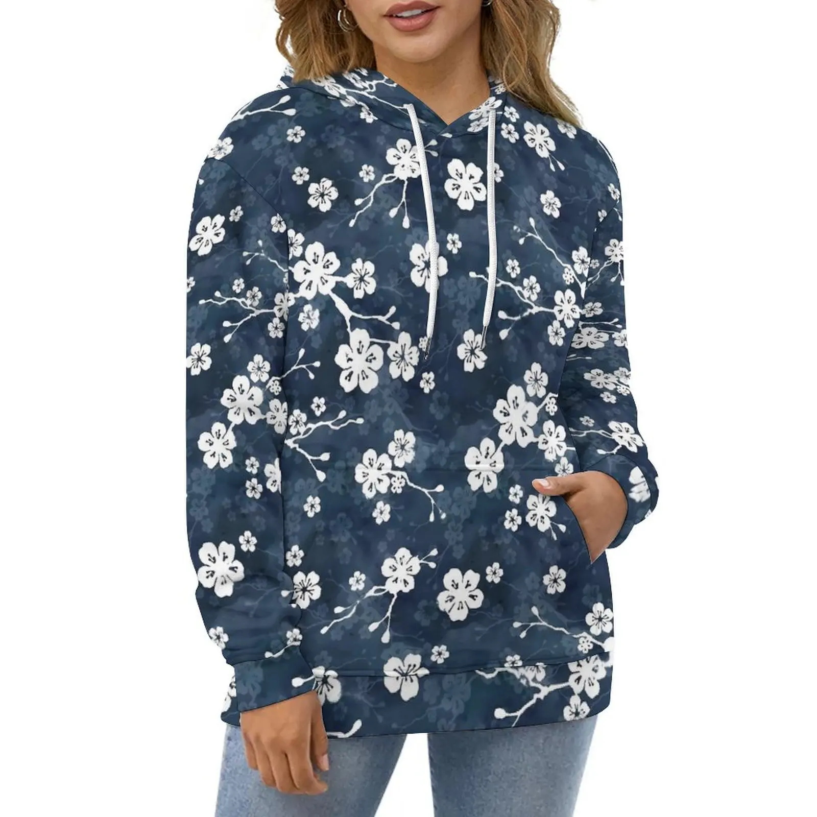 

Blue Fower Print Hoodies Cherry Blossom Street Wear Oversize Hoodie Women Long Sleeve Retro Graphic Casual Sweatshirts