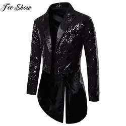 Mens Long Sleeve Lapel Sequin Tuxedo Blazer Halloween Theme Party Cosplay Nightclub Magic Stage Performance Tailcoat Outerwear