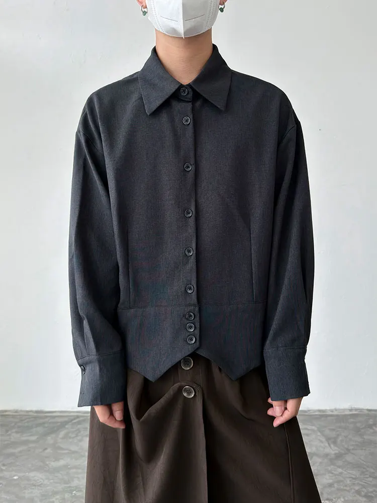 BKYC Unisex Minimalist Style Shirt Waist-Cinching Short-Length Long-Sleeve Button-Up Youthful Trend Autumn Collection