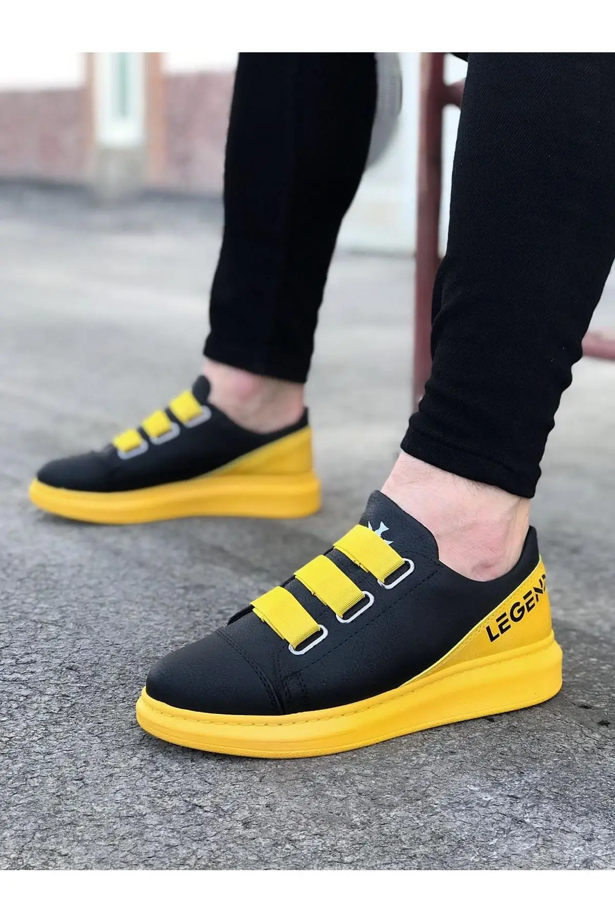 Wagon Men\'s Sneakers Sport Shoes Black Yellow Lace Up Closure Faux Leather Spring and Autumn Seasons Comfortable Slip On In 2022 Fashion Wedding