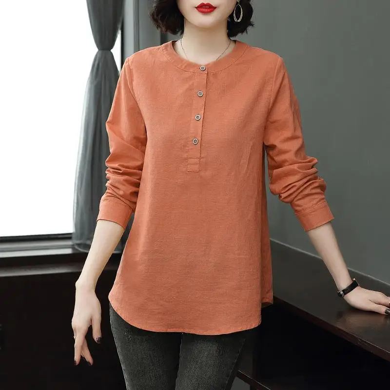 Women's Korean Fashion Vintage Simple Cotton Linen Tunic Blouse Casual Solid O Neck Shirt Long Sleeve Loose Tops Female Clothing