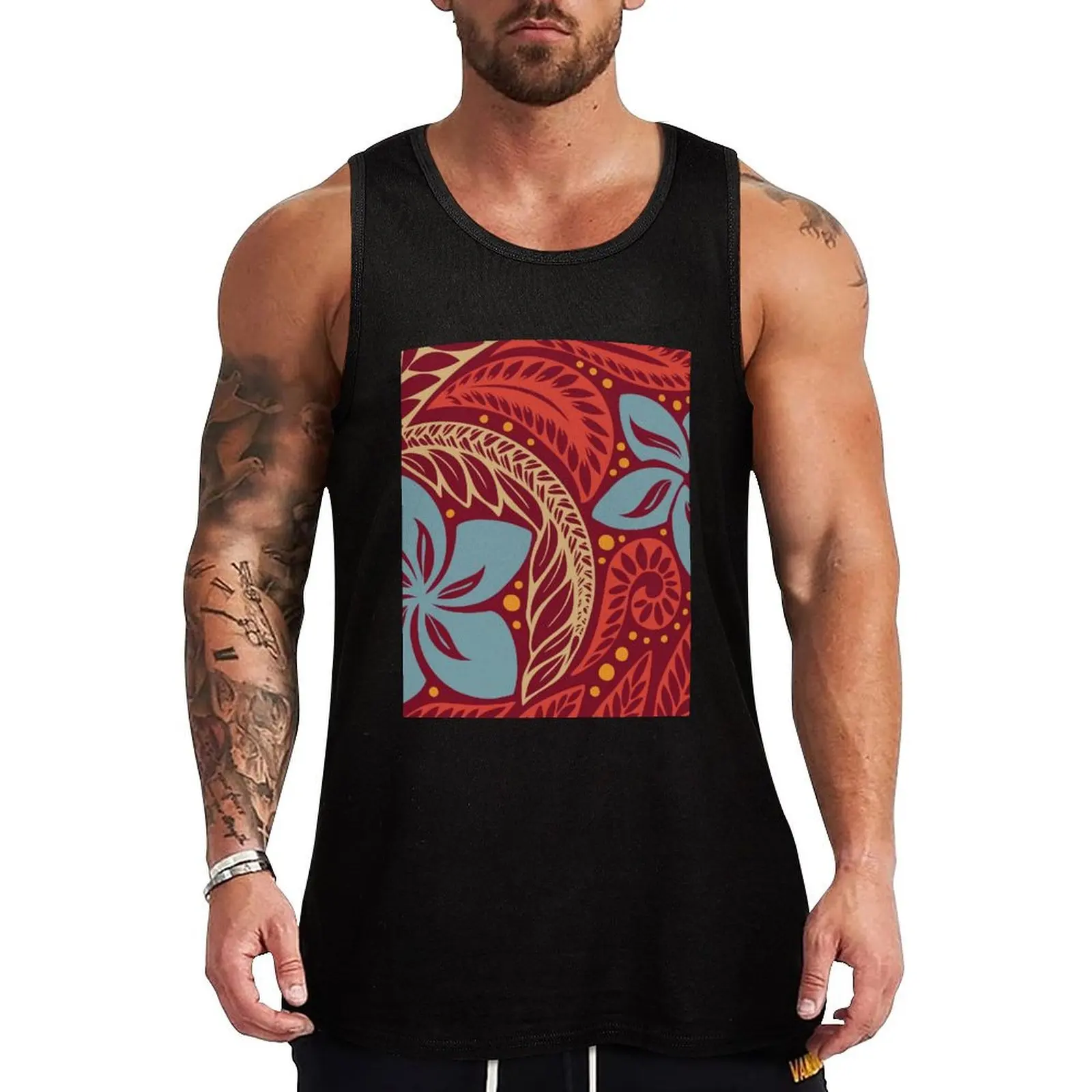

Polynesian Hawaiian red blue floral tattoo design Tank Top gym clothes men Man gym clothes plain t-shirt sleeveless vest men