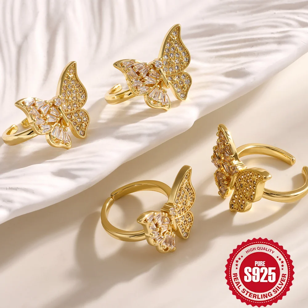 

Butterfly sterling silver ring with 18K gold plated zircon inlay, fashionable and suitable for girlfriend gifts