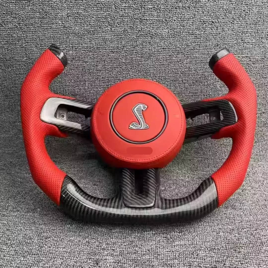 

Руль из углеродного волокна для Ford Mustang, спортивный руль с плоским дном, змеиный логотип, золотой порошок, кованый карбон