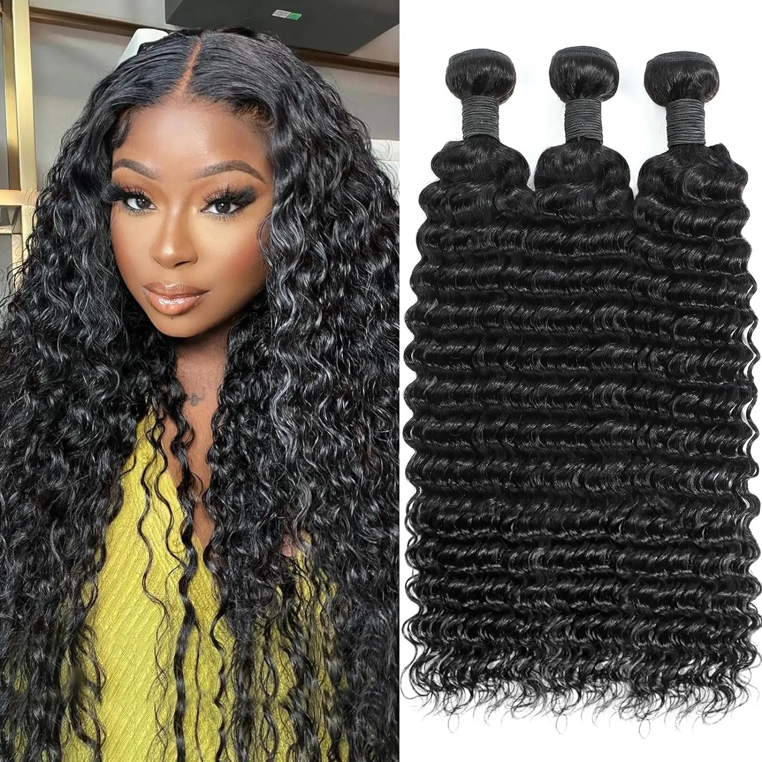 12A Deep Wave Human Hair Bundles 20 22 24 Inch Deep Curly Bundles Human Hair 100% Unprocessed Brazilian Virgin Weave 3 Bundles