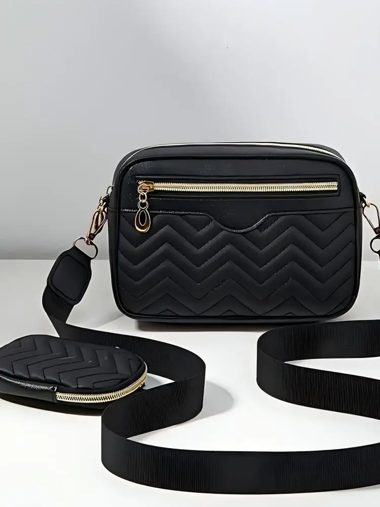 Lässige, minimalistische, quadratische Schultertasche, mit Mini-Hängegeldbörse, Umhängetasche mit gestepptem Muster für Damen, zweiteiliges Set – Detail 2