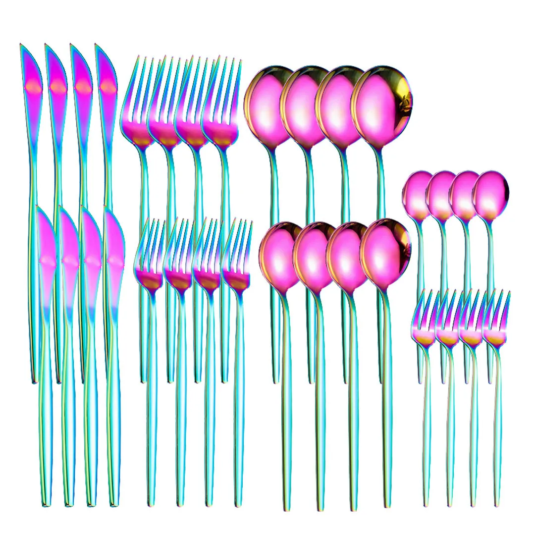 

Colorful Cutlery Set 32Pcs Stainless Steel Rainbow Dinnerware Mirror Dessert Knifes Forks Spoons Tableware Set Dishwasher Safe