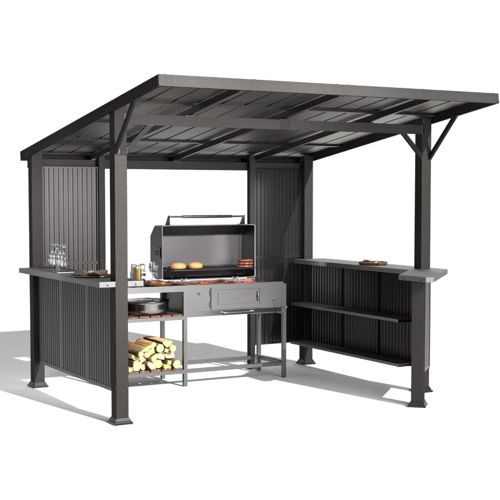 

10x10 FT hardtop barbecue pavilion with iron sloping roof, side frame and extended countertop, durable barbecue shed