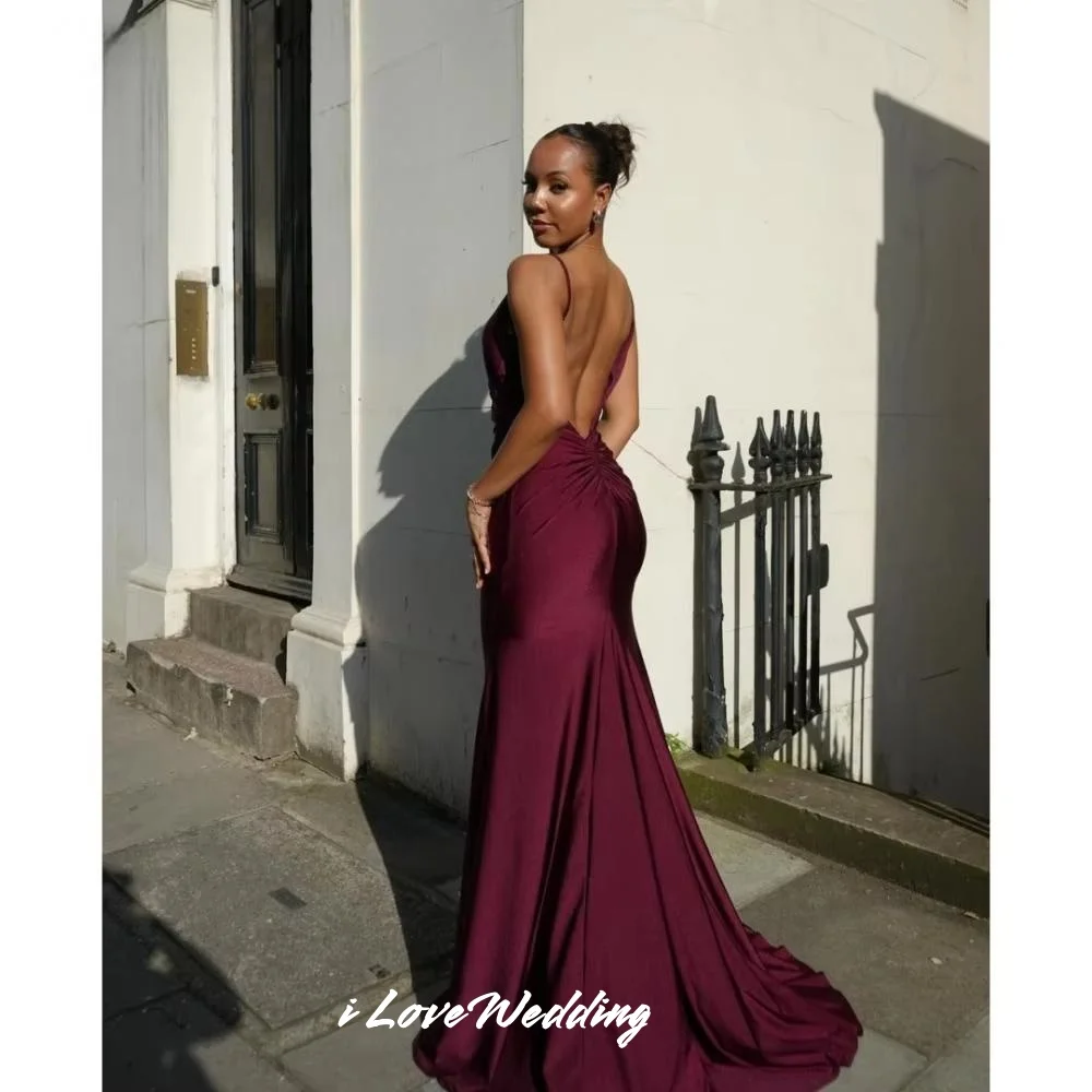 

Burgundy V-Neck Evening Dress 2025 Spaghetti Strap Backless Sleeveless Mermaid Pleat Floor-Length Wedding Party Dress Customized