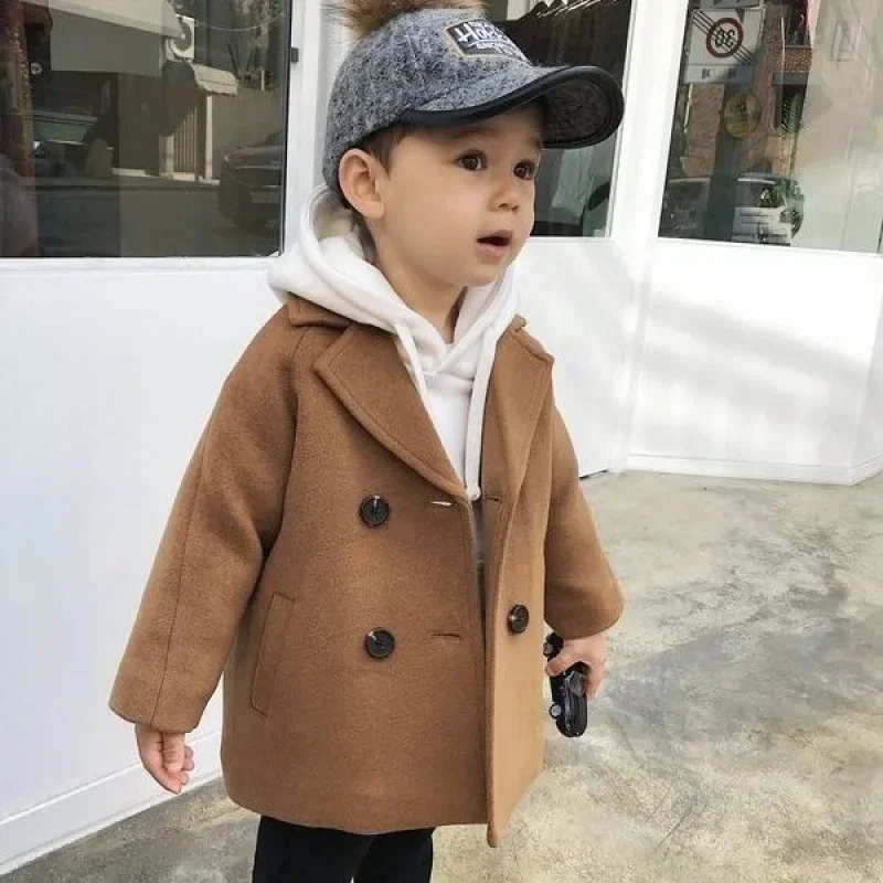 Winter Grid Jackets Boys Girls Woolen Double-Breasted Children Trench Coat Lapel Kids Outerwear Wool Overcoat Child Fall Clothes