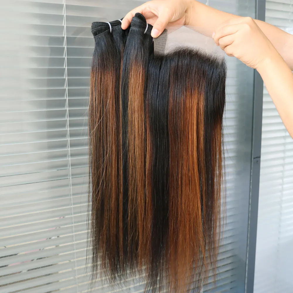 الجملة عذراء الشعر البشري ريمي لحمة شعر النسيج تسليط الضوء على 1B/30 مع الدانتيل إغلاق أمامي البيانو اللون حزم الشعر