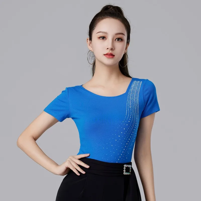 

Rhinestones Latin Dance Wear Samba Tango Tops Women Solid Color Costume Prom Belly Clothes Short Sleeve Dancewear T-shirt