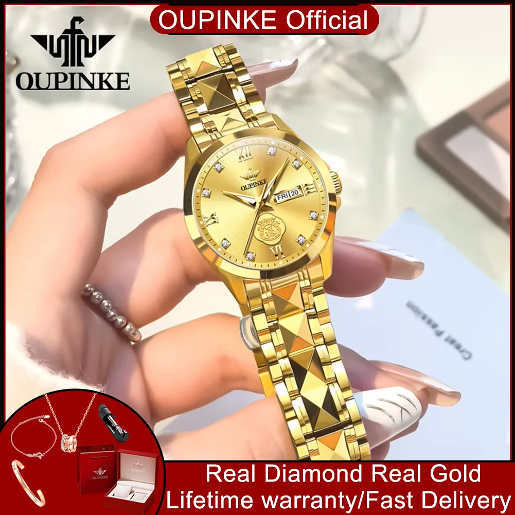 OUPINKE 3305 Women's Watches Real Diamond Real Gold Ladies Lucky Watches Luxury Brand Automatic Mechanical Wrist Watch for Women