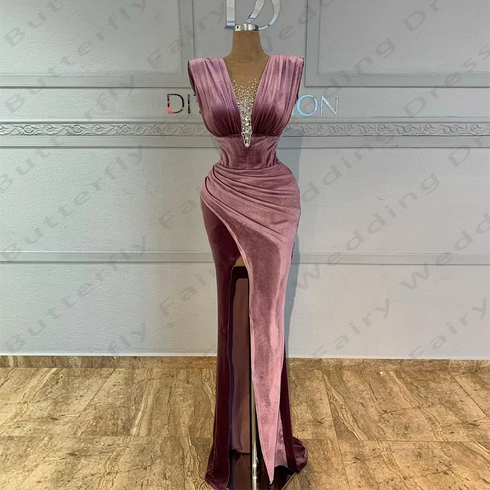 

2024 Elegant Velvet Women's Evening Dresses Mermaid Sexy Side Split Princess Prom Gowns Formal Fashion Celebrity Party Vestidos