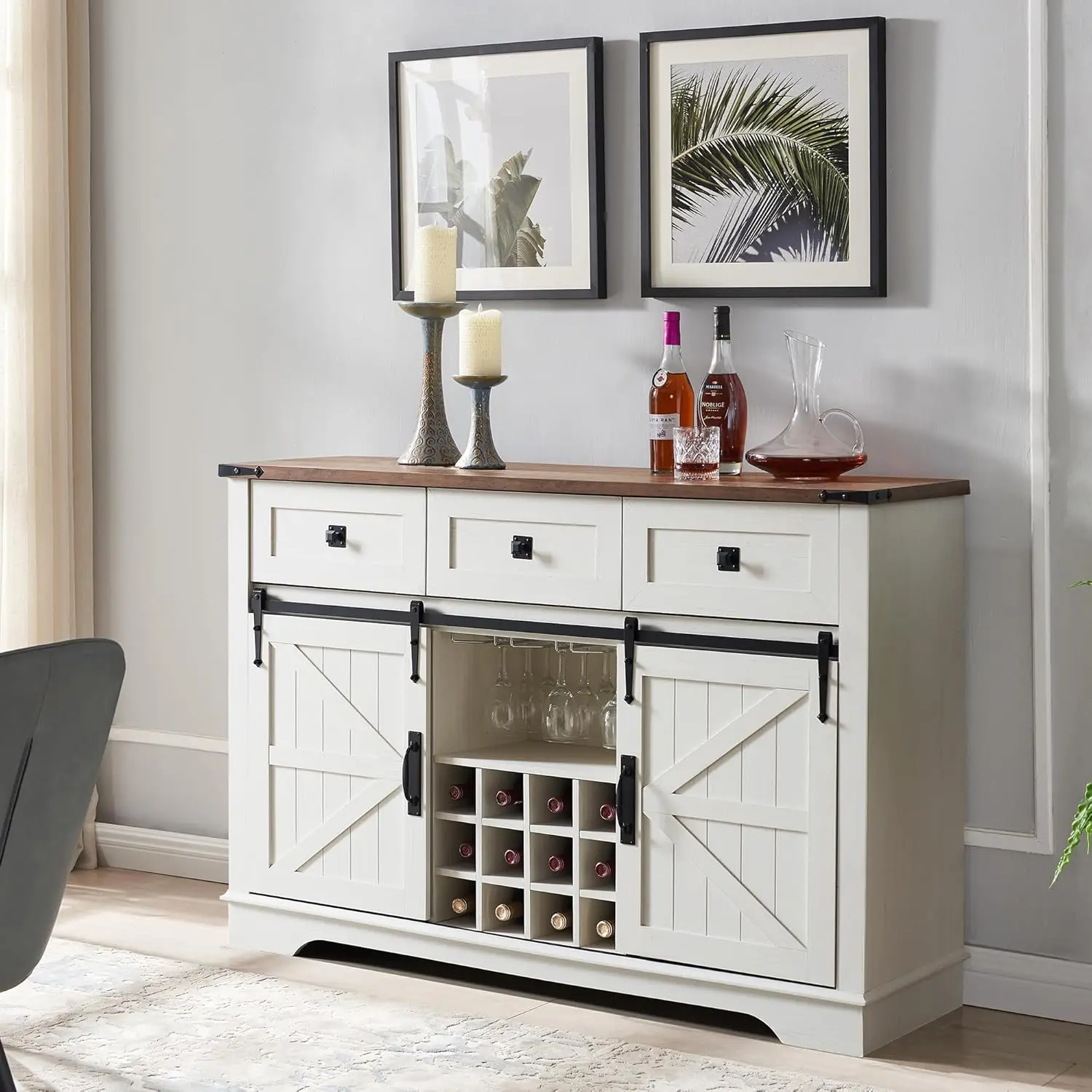 

Farmhouse Buffet Cabinet with Storage, 54" Large Coffee bar Sideboard Table w/Sliding Barn Door, Drawer, Wine & Glass Rack