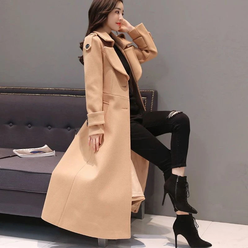 Women's Long Woolen Coat 2023 Spring Autumn New Korean Waist Slimming Over-Knee Thick Keep Warm Woolen Coat Lady Overcoat