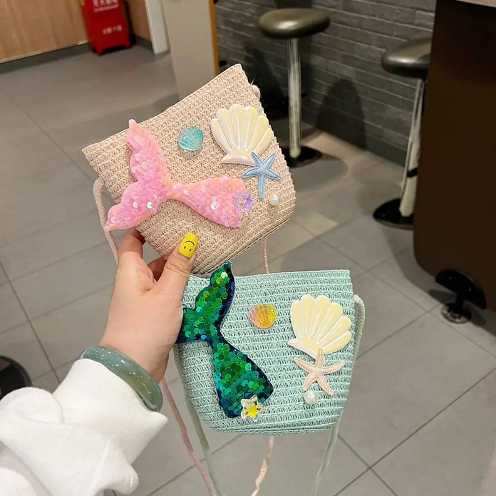 

Summer Kids Straw Woven Messenger Bag Lovely Mermaid Small Coin Purse Handbags Mini Shoulder Bags Princess Wallet for Girls