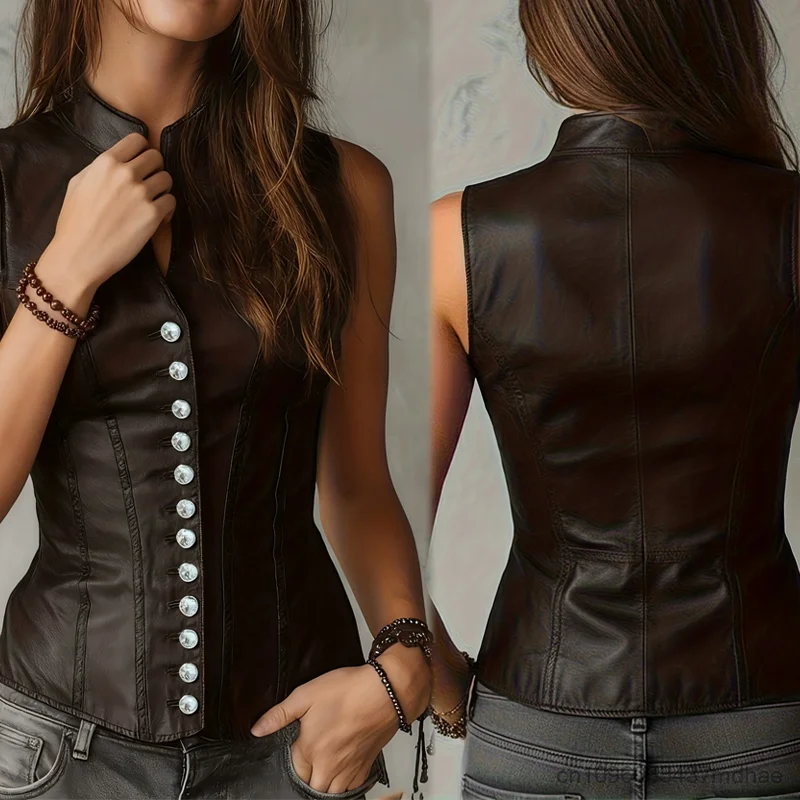 

Women's Button Down Vest Sexy Cool Cosplay Sleeveless PU Leather Top Retro Brown Motorcycle Style Fashion Party Costume