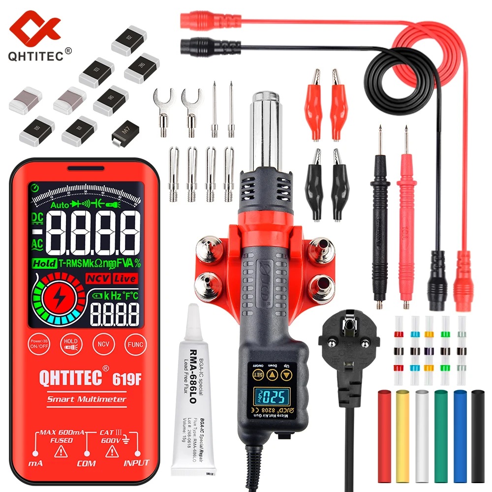 

QHTITEC 619F Digital Multimeter 8208 Hot Air Gun Set USB Charging T-RMS DC AC Voltage NCV Intelligent Multifunctional Tester