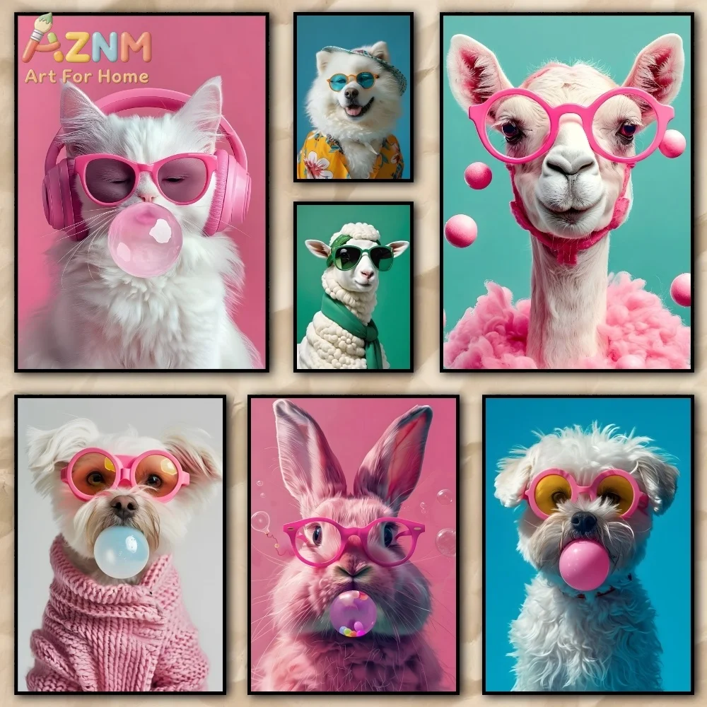 AZNM Cute Cartoon Animal Canvas Print Cat Dog Alpaca Rabbit Blowing Bubble With Pink Glasses Unframed Canvas Wall Art Kids Bedro