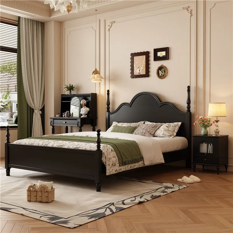 Full solid wood bed French retro American medieval style classical simplicity modern walnut color high bed modern simplicity