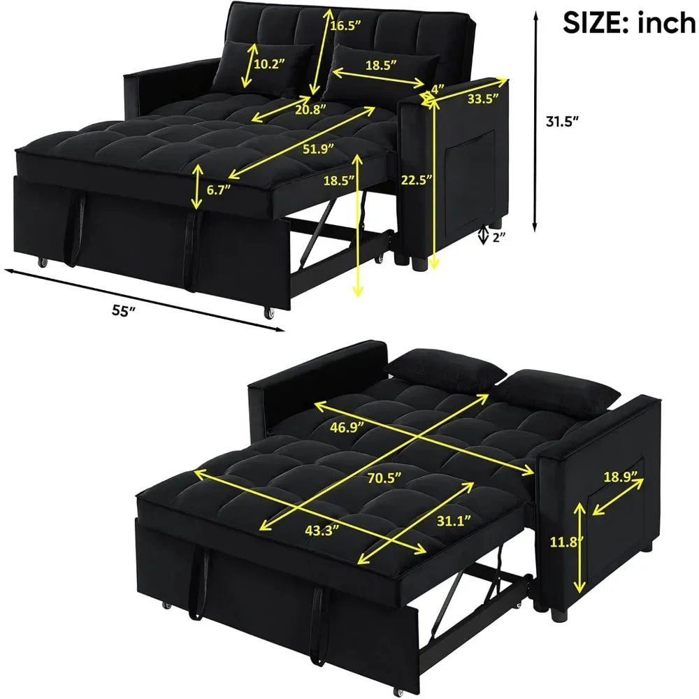 3 in 1 Convertible Sleeper Loveseat, Futon Sofa With Pullout Bed, Reclining Backrest, Modern Velvet, Furniture for Living Room