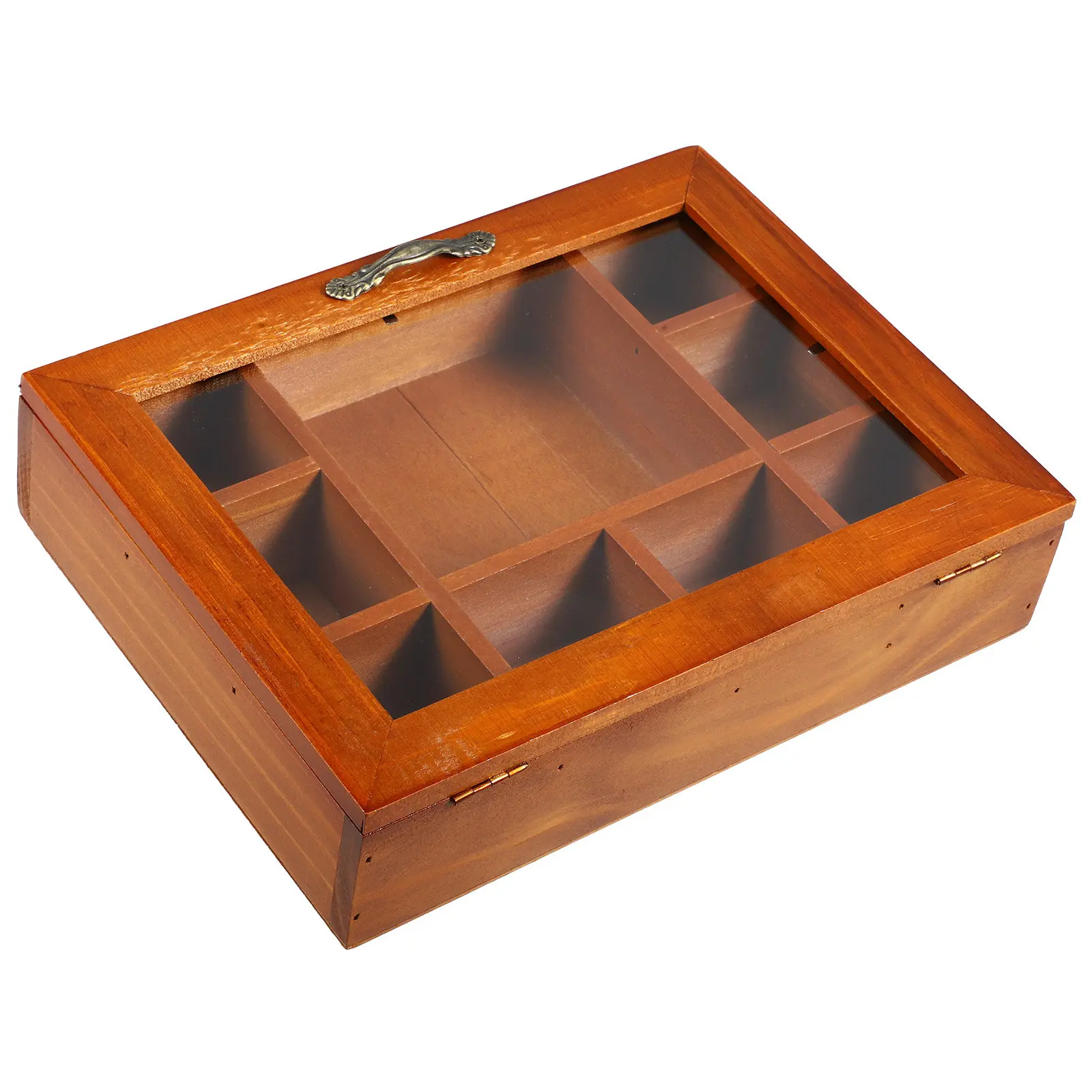 Vintage Wooden 9-Grid Storage Box with Acrylic Cover for Makeup Jewelry Hair Ties Essential Oils Desktop Organizer