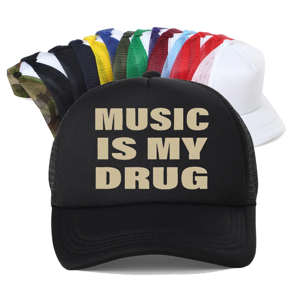 Music Is My Drug Funny Print Baseball Cap Unisex Adjustable Mesh Breathable Trucker Hat