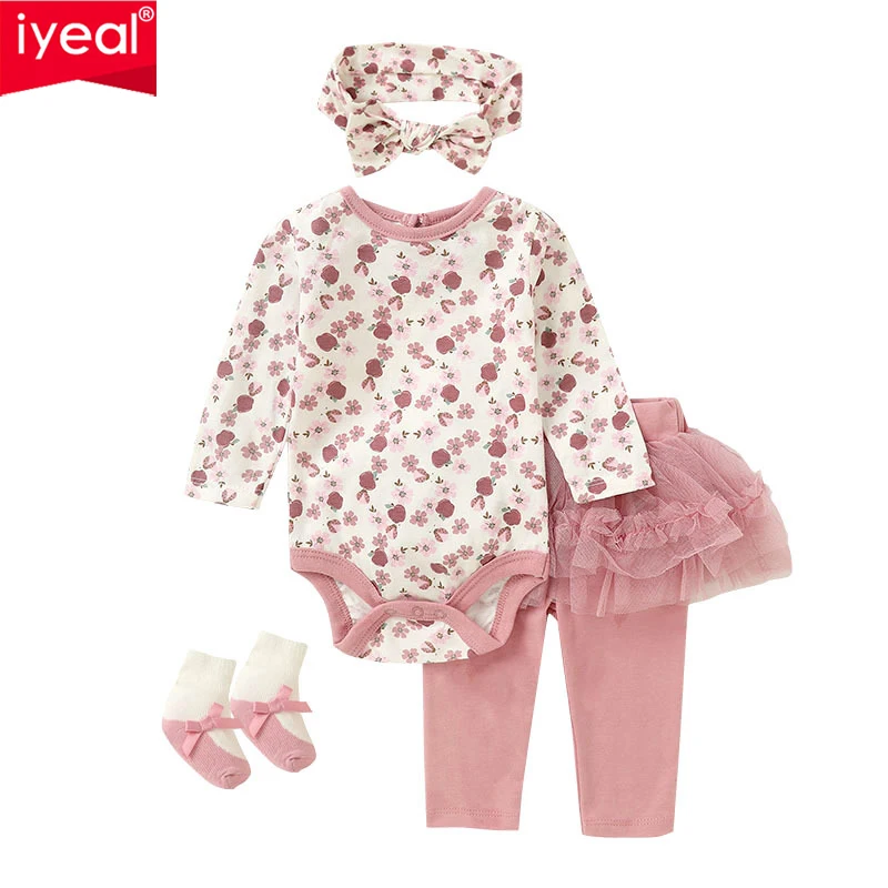 

IYEAL Spring Autumn Baby Girls Floral Print Long sleeved Bodysuit+Pants +Headband + Socks 4-Pcs Baby Girls Cotton Clothing Set