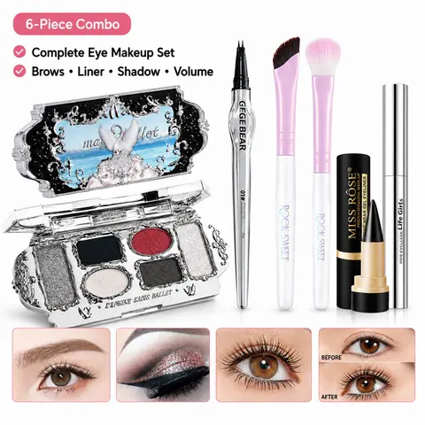 6Pcs Eye Makeup Kit for Women, Shimmer Matte Eyeshadow Palette, Eyebrow Pen, 2 Makeup Brushes, Long Wear Gel Eyeliner & Eyelash Mascara Primer Set, Waterproof Smudgeproof Cosmetic Bundle for Beginners Daily Glam Gift